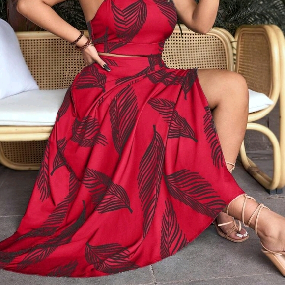 Size 16 2X SHEIN Red and Black Leaf Print Maxi Dress - Picture 4 of 4